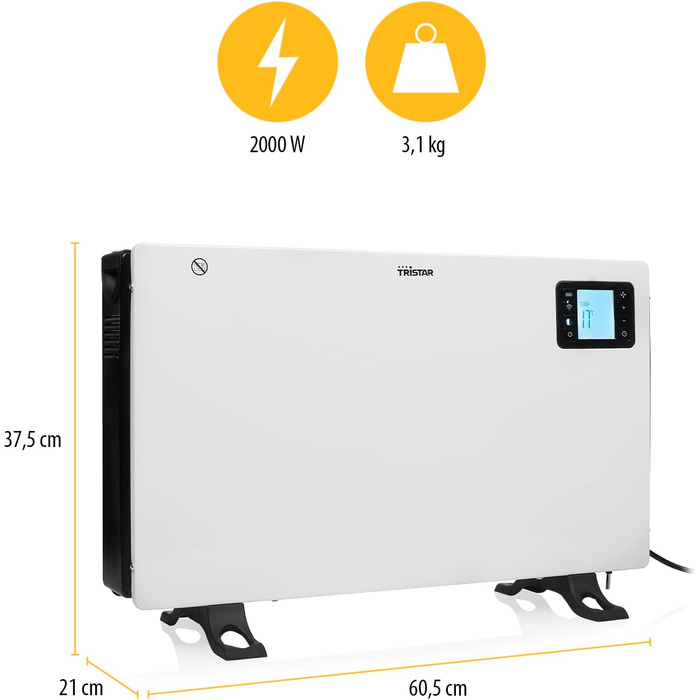 Розумний конвектор Tristar KA-5819 - додаток, дисплей, пульт дистанційного керування, 3 режими нагріву, антифриз, 2000 Вт білий