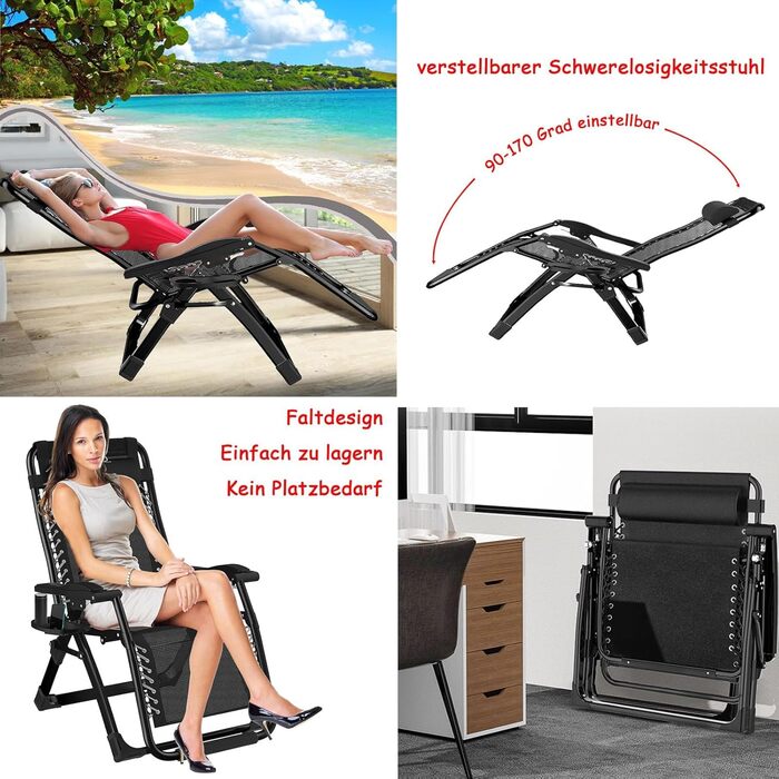 Розкладний шезлонг для саду та відпочинку на природі - Gartenliege, 200 кг, чорний