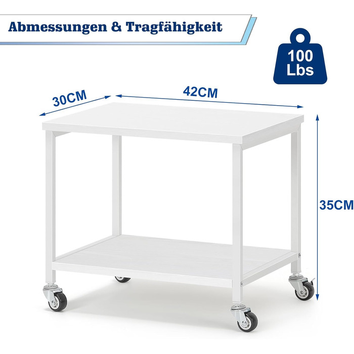 Підставка для принтера Smusei біла, 2-рівнева, з роликами, 42 x 30 x 35 см | Підставка для офісу та дому