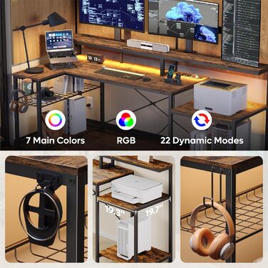 Ігровий стіл Bestier 181x80 см з LED-підсвіткою, L-подібний, 3 розетки AC, 2 USB, для комп'ютера, з великою платформою для монітора, карбон (коричневий)