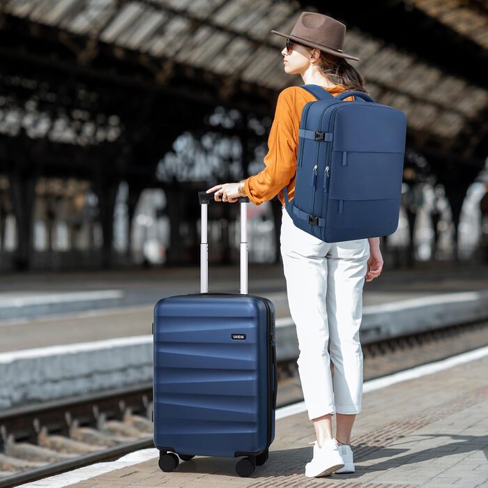 Набір валіз та рюкзака, полікарбонат, ручна валіза, набір з 3 шт (20 дюймів), з TSA-замком, для авіаперельотів (Блакитний)