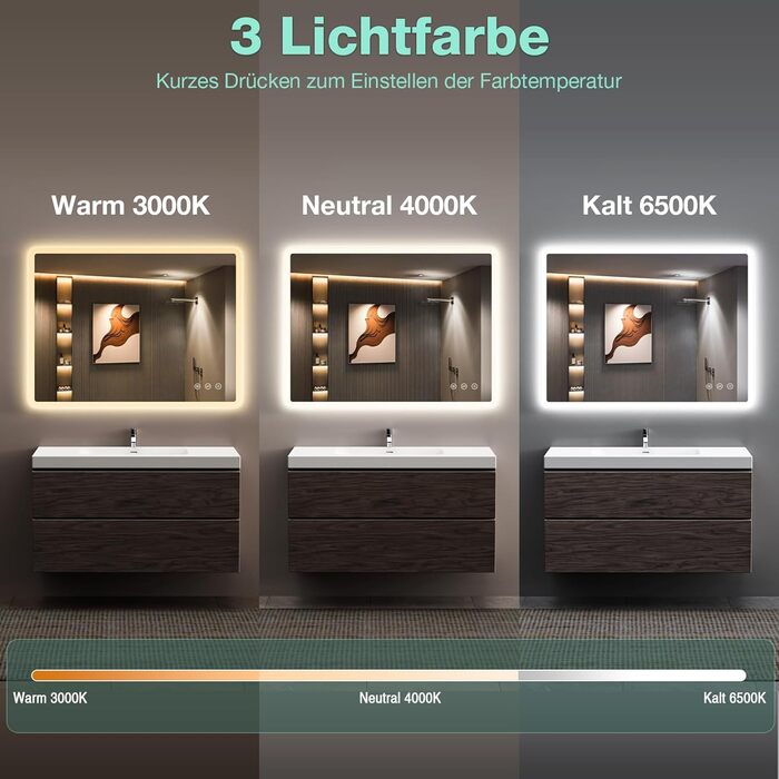 Дзеркало для ванної кімнати GIMBELEN LED з підсвічуванням 80x60 см, прямокутне, сенсорне керування, регулювання яскравості, 3 кольори світла, антизапарник, вертикальна/горизонтальна установка