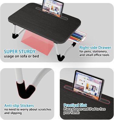 Стіл для ноутбука в ліжко, стіл-підставка для ноутбука, для роботи, home office, чорний 48x30 см