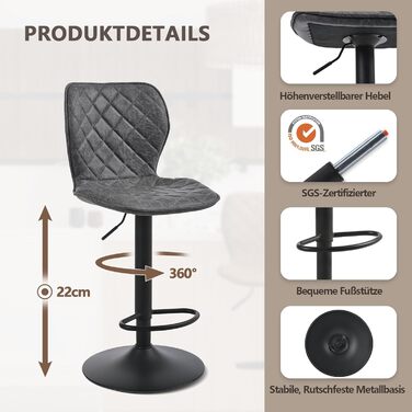 Набір барних стільців 4 шт. регульовані по висоті з підлокітником та підставкою для ніг – 360° обертання, PU шкіра, оббивка, металевий каркас для кухні, стійки, їдальні, вітальні, чорний