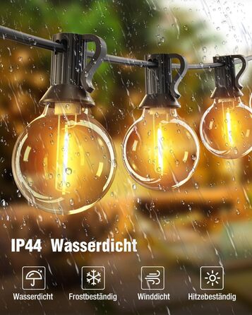 LED гірлянда для декорування саду та тераси, 15 метрів, тепле світло, G40, з таймером та димером, вологостійка