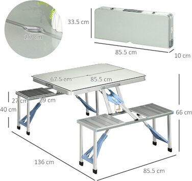 Кемпінговий стіл Розкладний стіл Стіл для пікніка Валіза для пікніка Група місць для сидіння Група розкладний стіл на 4 місця Сріблястий алюміній МДФ 136 x 85,5 x 66 см