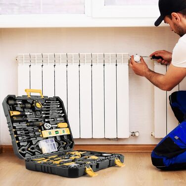 Набір інструментів TLGREEN 198 предметів в кейсі: побутові інструменти з тріскачкою, набір головок, викрутки, універсальний інструментальний набір (жовто-чорний)