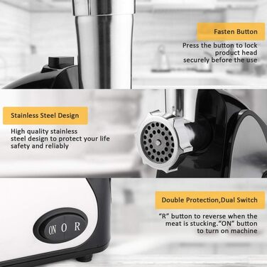 Електрична м'ясорубка з нержавіючої сталі з 3-ма дисками, ножем та насадкою для кубиків, ETL-сертифікат, 2000 Вт, чорний