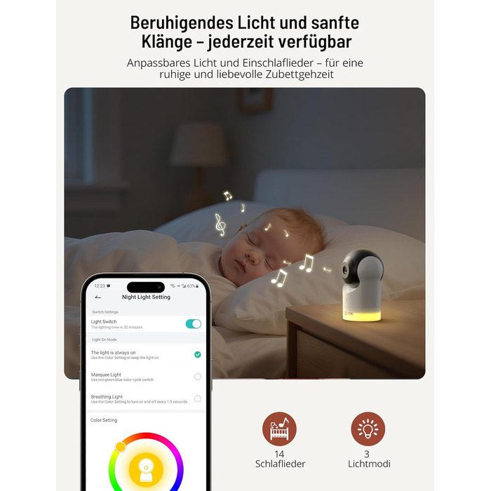Відеоняня PARIS RHÔNE з 2 камерами, WiFi, 2K UHD, нічник, датчик руху/плачу, контроль температури та вологості, колискові