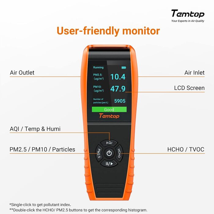 Детектор якості повітря Temtop LKC-1000S+ для дому: формальдегід, HCHO, TVOC, PM2.5, PM10, AQI, експорт даних