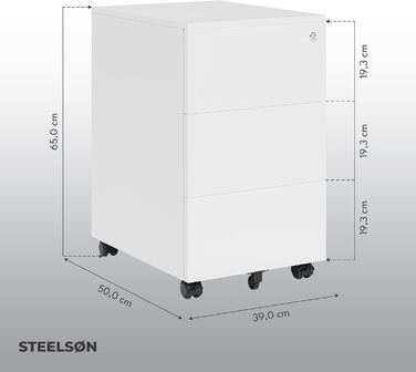 Контейнер на колесах STEELSØN з шухлядами Vespero, мобільний офісний шафчик, з можливістю замикання, 3 шухляди, білий, 65x39x50 см