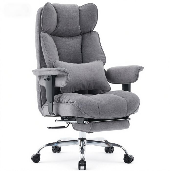 Офісний крісло Efomao XXL до 200 кг, важке, тканинне, з підставкою для ніг, ергономічне для комп'ютера з високою спинкою, похиле для дому/офісу, з товстою м'якою оббивкою (Сірий)