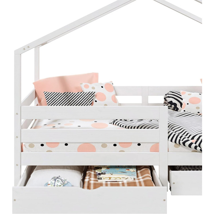 Ліжко IDIMEX house ENA з масиву сосни, красиве ліжко Монтессорі 90 х 200 см, дитяче ліжечко із захистом від падіння, стійке ігрове ліжко з дахом і 2 ящиками в (білий)