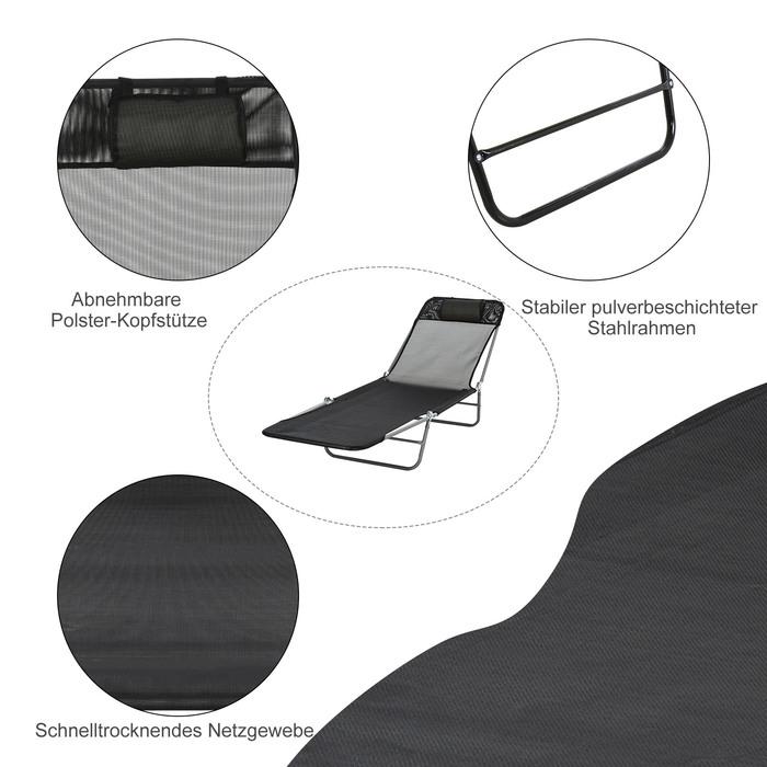 Outsunny Sun Lounger Садовий шезлонг Relax Lounger на 2 ноги Шезлонг чорний складний для саду, тераси та балкона