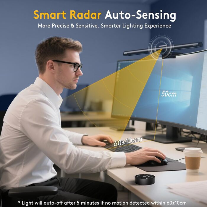 LED-лампа для монітора Quntis з радаром, авто вмикання/вимикання, пультом ДУ, 52 см, регулювання кольору та яскравості, таймер, захист від синього світла, USB-лампа для ПК