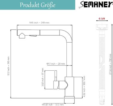 Змішувач для кухні, Кухонний змішувач високого тиску SEMANEY , висувний, поворотний на 360, нержавіюча сталь, змішувач з однією ручкою