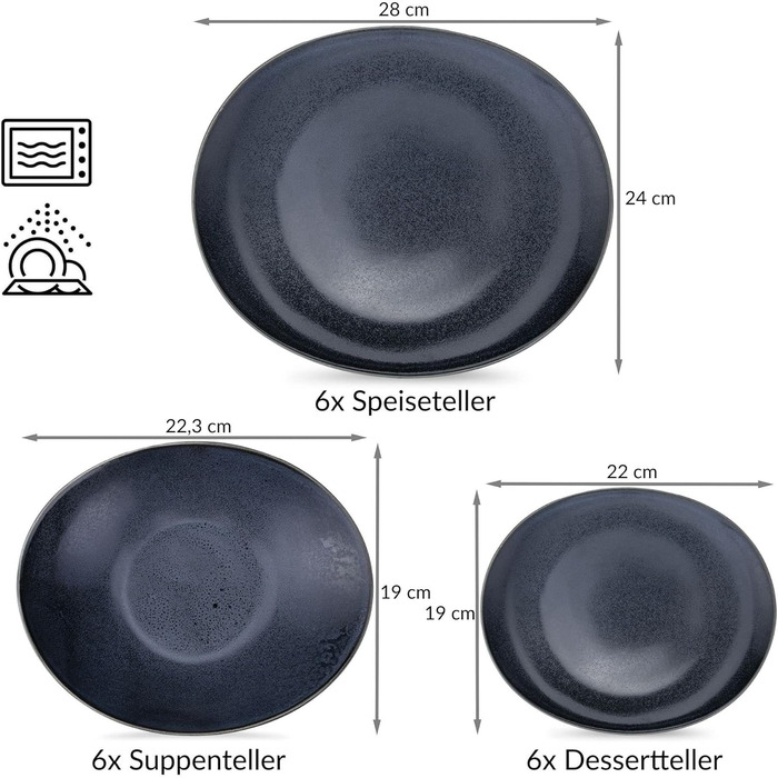 Набір посуду 6P - TIME BLACK Набір мікротарілок 18 шт. - посудомийна машина для обіду - тверда порцеляна - тарілка для сніданку та супу