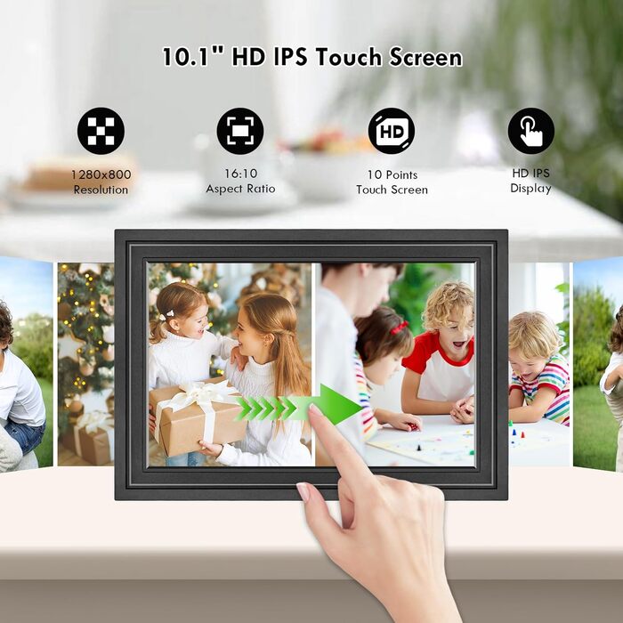 Цифровий фоторамка Lutranstra 10.1 дюйма WiFi, HD IPS сенсорний екран, 32 ГБ, автоматичне обертання, Frameo App (Чорний)