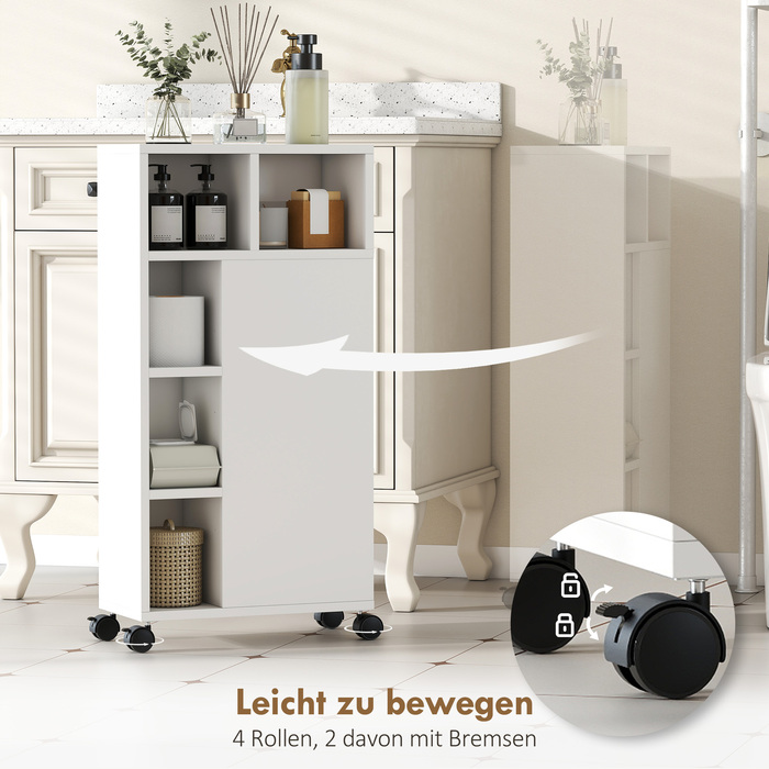 Тумбочка для ванної кімнати, вузька, з 4 роликами, 3 висувними ящиками та 5 відкритими полицями, розміром 20x40x80 см, біла