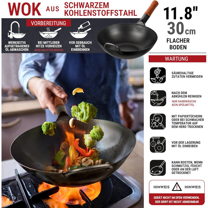 Вок YOSUKATA з вуглецевої сталі 30 см - для індукційних, газових, електричних плит та грилю