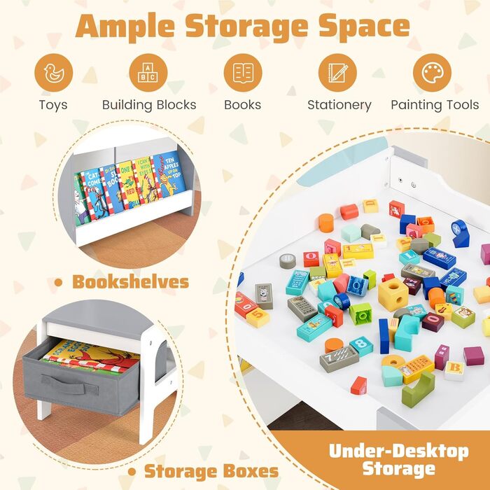 Дитячий столик Dreamade 4 в 1 з 2 стільцями: дерев'яний набір для ігор з дошками, полицями та коробками (сірий)