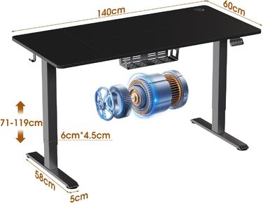Регульований по висоті стіл 120x60см, електричний, 2 пам'яті, функція захисту від зіткнень, чорний