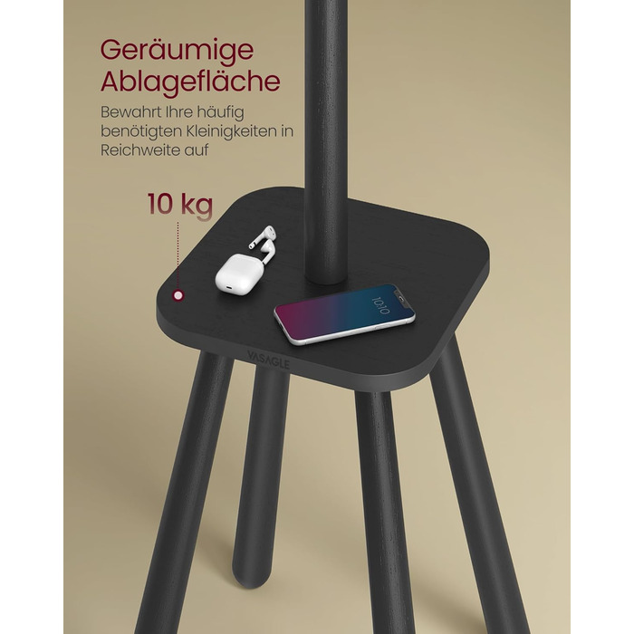 Стійка для одягу VASAGLE з 8 гачками та полицею, 170,5 см, чорний колір, RCR033B01