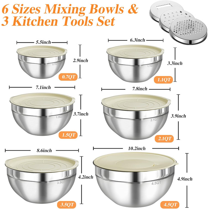 Набір місок для перемішування з кришками, 9 шт., з нержавіючої сталі, з 3 тертками, для зберігання продуктів, кухонний органайзер, міски для перемішування, великий розмір 4.5, 3.5, 2.1, 1.5, 1.1, 0.7 л