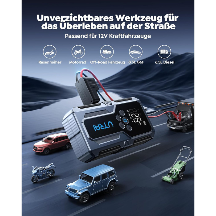 Powerbank-пусковий пристрій UTRAI для автомобіля: 4500A, компресор 150PSI, швидка зарядка 18W, ліхтарик, 8.5L бензин/6.5L дизель