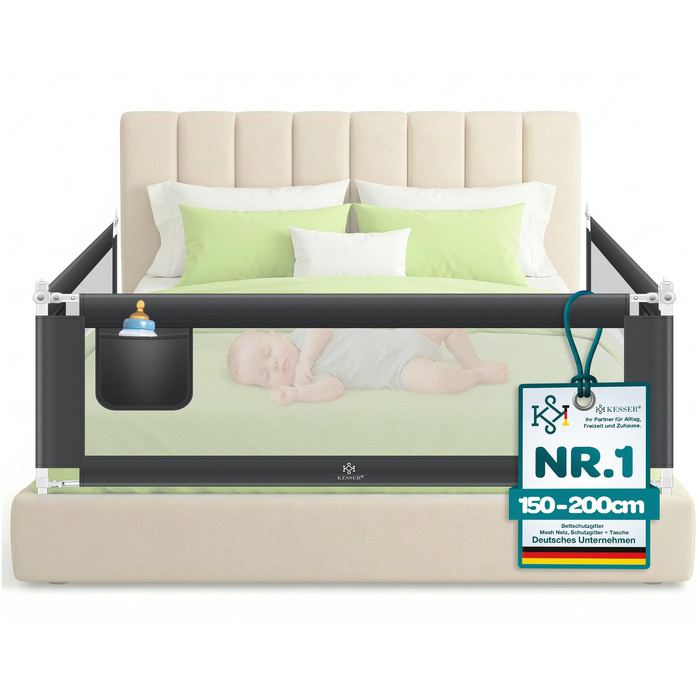 Захисний бортик для ліжка KESSER 180 см сірий: сітка, складаний, регульований, захист від випадання для дітей та малюків