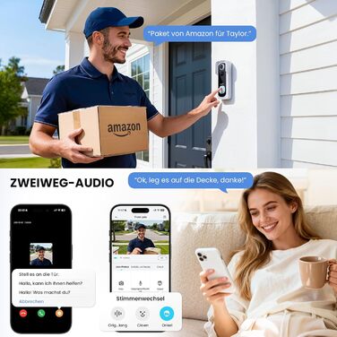 Відеодзвінок ieGeek 2K з камерою, бездротовий, IP66, AI-розпізнавання руху, нічне бачення, без підписки, сумісний з Alexa, Wi-Fi 2.4GHz, з внутрішнім дзвінком (білий)