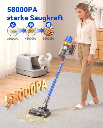 Акумуляторний пилосос H9 58000 Па, 650 Вт, 80 хв, бездротовий з LED-дисплеєм, для шерсті тварин, килимів та підлоги, синій