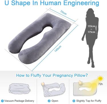 Подушка для вагітних SHANNA U-подібної форми, подушка для сну на боці, подушка для годування, комфортна подушка для дорослих, тілоподібна подушка, велюрова, темно-сіра, 70 x 145 см