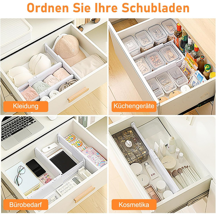 Органайзери для шухляд MOFELON, 8 шт., регульовані (33-58.5 см, 6.4 см H), для шафи, кухні, комода, спальні, ванної кімнати - білий