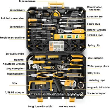 Набір інструментів TLGREEN 198 предметів в кейсі: побутові інструменти з тріскачкою, набір головок, викрутки, універсальний інструментальний набір (жовто-чорний)