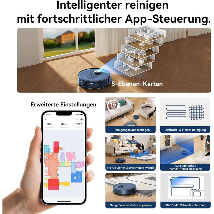 Робот-пилосос Proscenic Q8 з функцією миття 4200Pa, 200хв, потужний, з лазерною навігацією, 5 карт, керування через APP, Alexa, Siri, IFTTT, для підлоги та килима, видалення шерсті тварин, блакитний