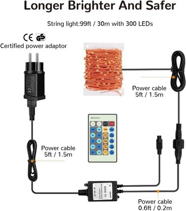 LED гірлянда на батарейках 50м, 500 LED, мідний дріт, зірочки, диммування, пульт, для декору, різдвяні вогні, водонепроникна, для саду, тераси, кімнати