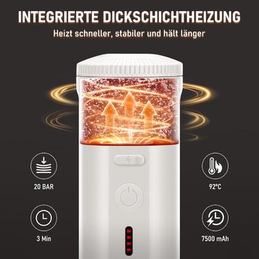 Портативна кавомашина ICARE з акумулятором, 2-в-1 для капсул NS та меленої кави, самонагріваюча, USB-C, індикатор заряду, для кемпінгу, подорожей та в дорогу (білий)