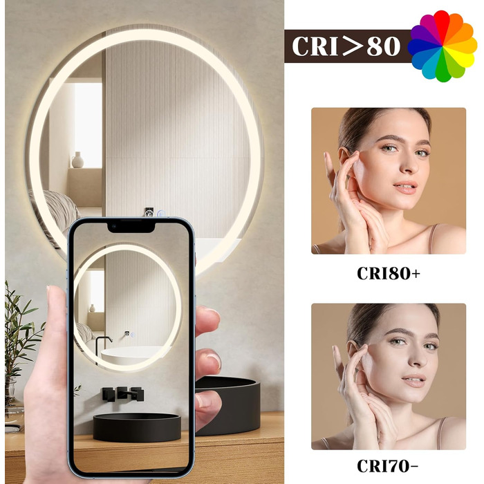 Дзеркало для ванної кімнати Mursche з підсвічуванням LED, 50x70 см, IP44, з сенсорним вимикачем та функцією запобігання запотіванню, регулювання яскравості 3000K-6500K