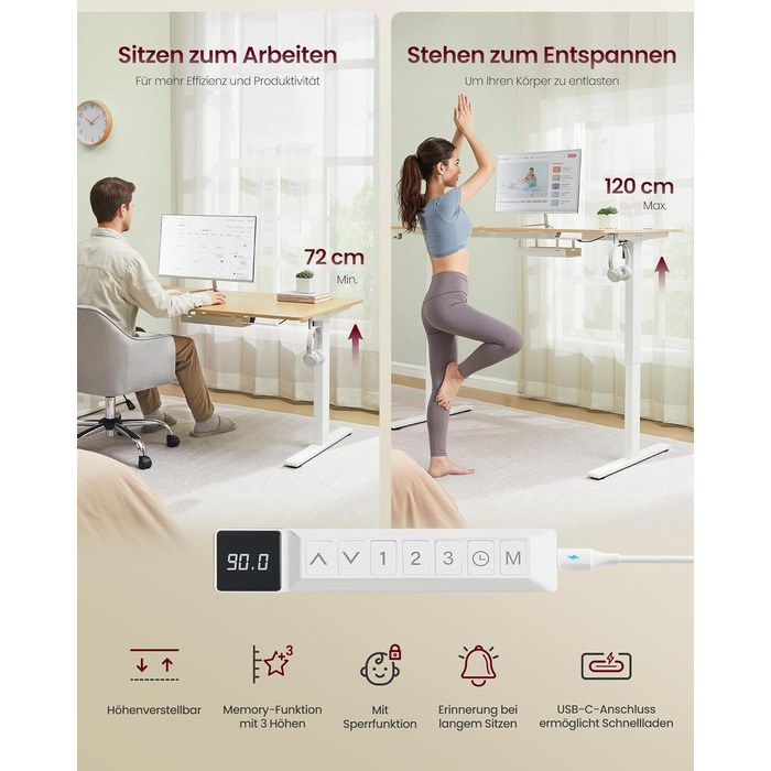 Стол для роботи VASAGLE з регулюванням висоти, USB-C, підставка для розеток, стоячий стіл, нагадування про перерви, 3 пам'яті, 160x80 см, золотий дуб