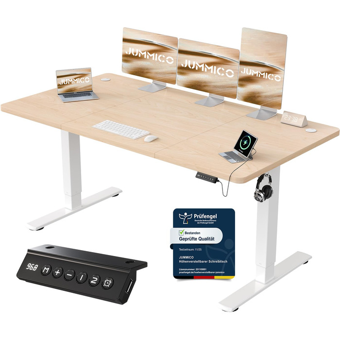 Регульований стіл JUMMICO 160 x 70 см з USB-портом для зарядки, електричний, стоячий/сидячий, бежевий