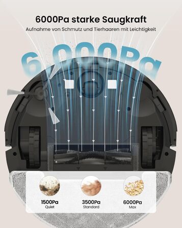 Робот-пилосос Vexilar W11 з функцією миття, 3 л, потужність 6000Pa, час роботи 180 хв, LiDAR навігація, 15 зон заборони, керування через додаток, для килимів та шерсті тварин