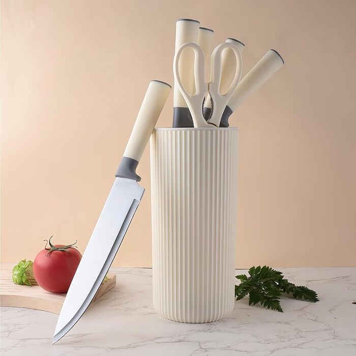 Набір кухонних ножів 7 предметів з бруском Messerblock, нержавіюча сталь, для кухні, подрібнення м'яса та овочів (Бежевий, Сірий)