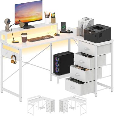 Кутовий стіл YITAHOME з LED-підсвічуванням, 4 шухлядами, 2 розетками та USB-портами, 130x100 см (білий)