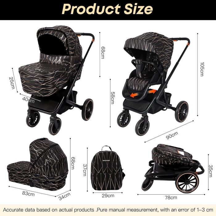 Дитяча коляска 2-в-1 BabyVoyage з люлькою та прогулянковим блоком, поворотні колеса 360°, амортизація, регульована ручка, складана, аксесуари, колір зелений (чорний-золотий)