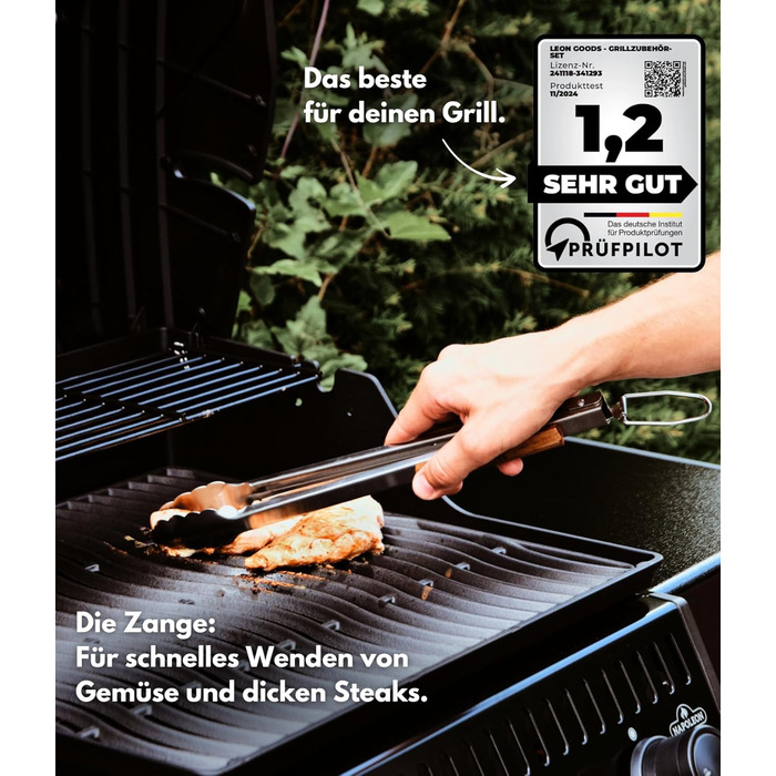 Набір для гриля: щипці, лопатка, виделка, щітка для чищення. Підходить для газових грилів. Подарунковий набір з нержавіючої сталі та акації (4 шт.)