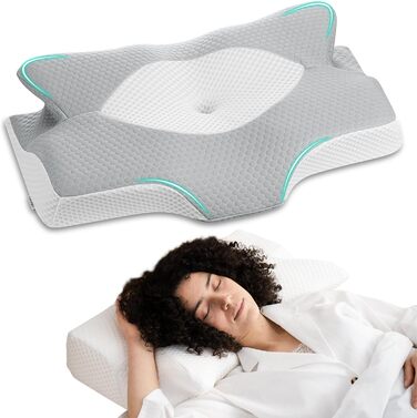 Ортопедична подушка для шиї Elviros з піни Memory Foam, ергономічна, для сну на спині, боці та животі, знімний охолоджуючий чохол, 64×(11,5/13)×40 см, сірий