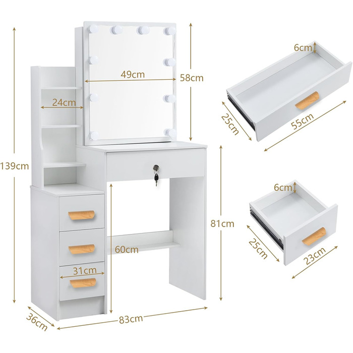 Туалетний столик Saimeihome з підсвічуванням, дзеркало, 6 ящиків, 6 полиць і табурет, 80x36x130 см