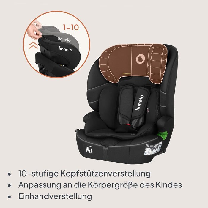 Автокрісло Lionelo Billy i-Size 76-150 см (15 міс - 12 років), ISOFIX, R129, Чорне
