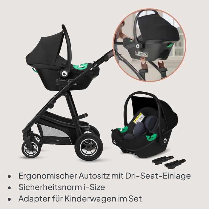 Дитяча коляска Lionelo Bianka 3 в 1 до 22 кг з автокріслом, складна, система подорожей, регулювання спинки, колеса 360°, амортизація, великий капюшон (BEIGE SAND)